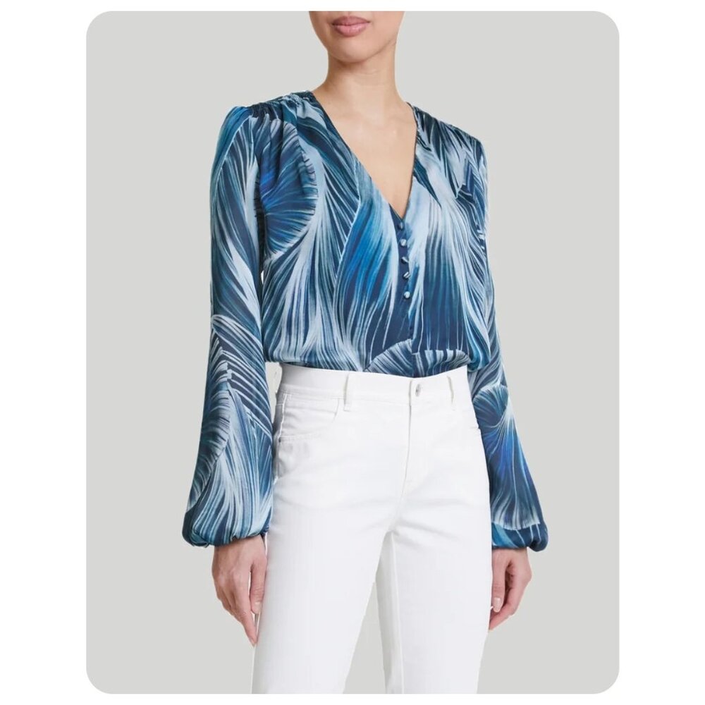 !! Santorelli Alexia Long Sleeve Celeste Multi Blue Buttoned Blouse sz 40